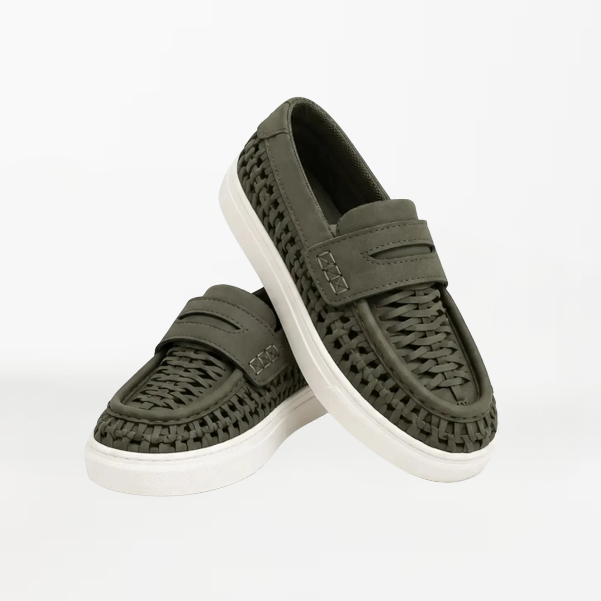 A pair of olive green woven slip-on loafers with white soles, displayed on a clean white background.