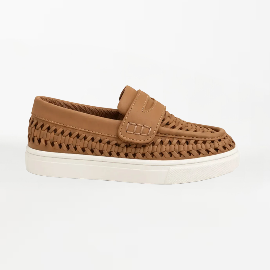 A single brown woven slip-on loafer with a matching strap and a thick white sole, shown from a side profile on a clean white background.