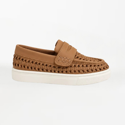 A single brown woven slip-on loafer with a matching strap and a thick white sole, shown from a side profile on a clean white background.