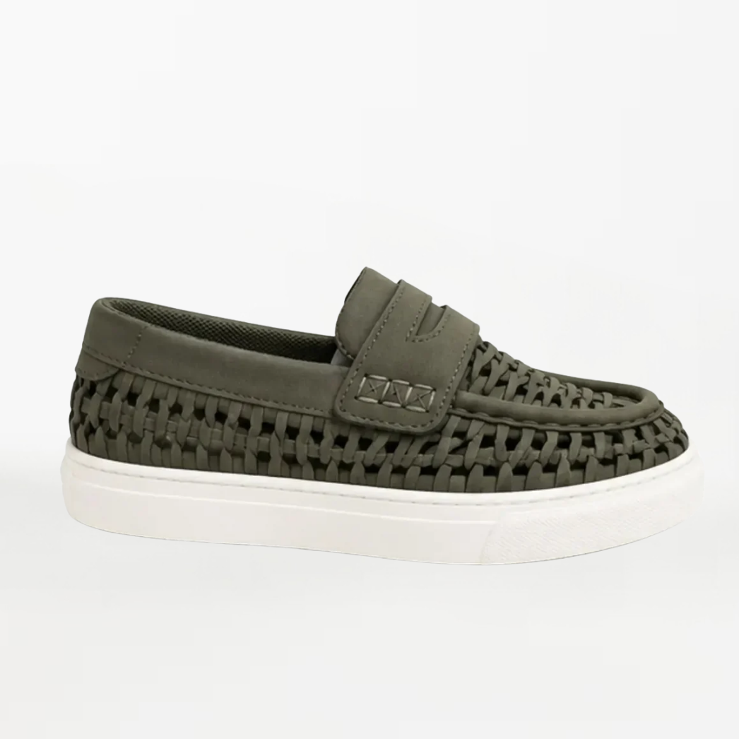 An olive green woven slip-on loafer with a white platform sole, shown in a side profile against a plain white background.