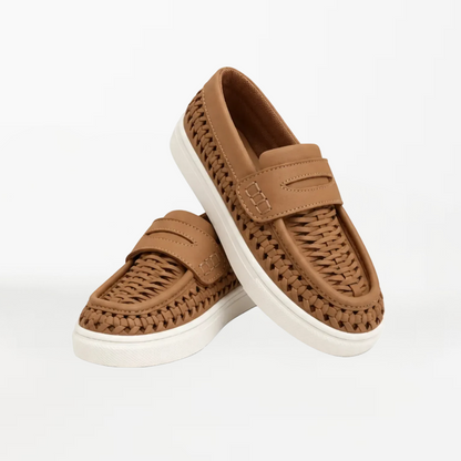 A pair of brown woven slip-on loafers with white platform soles, displayed on a clean white background.