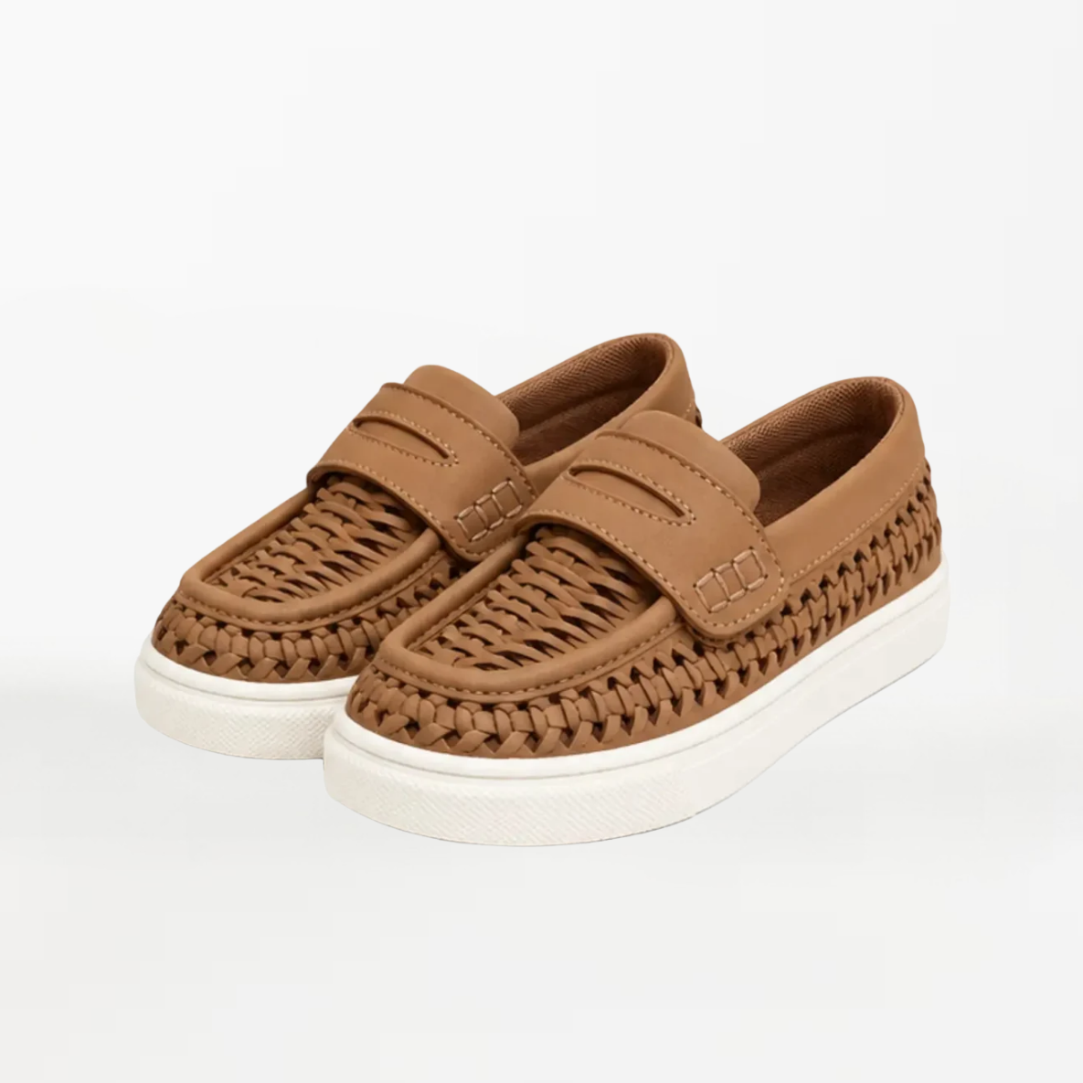 A pair of brown woven slip-on loafers with a thick white sole, photographed on a clean white background.